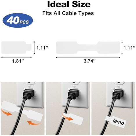 40 Pack Cable Labels Tags, White Write On Wire Cord Tags and Charger Labels Waterproof for Cable Management and Identification Electronics (Rectangular)
