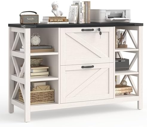 Vabches File Cabinet with 2 Drawers, Farmhouse Lateral File Cabinet Fits Files Letter/A4/Legal Size, Wooden Filing Cabinet with 4 Adjustable Shelves Printer Stand for Home Office, White and Black