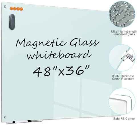 Glass Dry Erase White Board - 48 x 36 Inches Magnetic Glass Whiteboard for Wall Mounted, 4' x 3' Frameless Boards for Classroom Home, Office Supplies