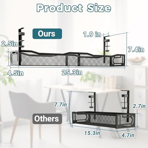 25.3-Inch Clamp-On Metal Under-Desk Cable Management Tray, Black