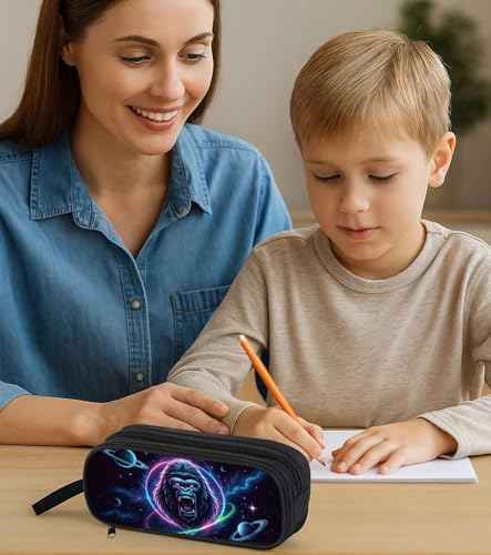 Gorilla Pencil Case for Boys Kids, Galaxy Animal Pencil Pouch, Large Capacity Zippered School Box with Compartments, Stationery Organizer Bag for Students, Back to School Supplies