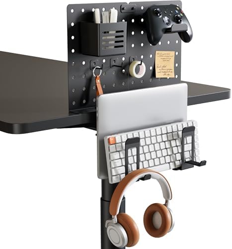 PEGZONE Clamp on Desk Pegboard Shelf, with 2-Slot Under Desk Laptop Holder