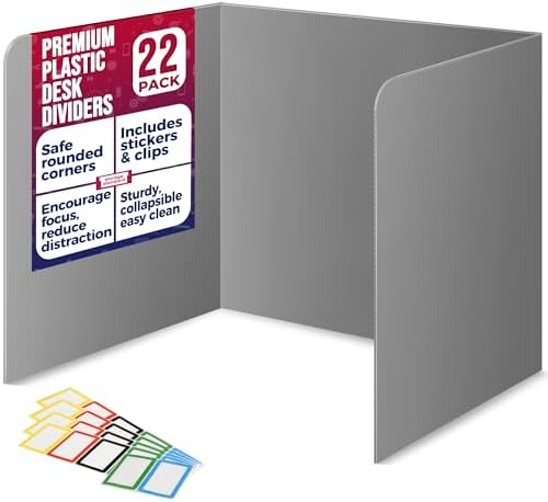 22-Pack Desk Dividers for Students - Waterproof & Durable Plastic Privacy Shield Divider, Classroom Folders Teacher Supplies, Easy-to-Clean Plastic Study Carrel Folder Boards for Student Desks, Grey