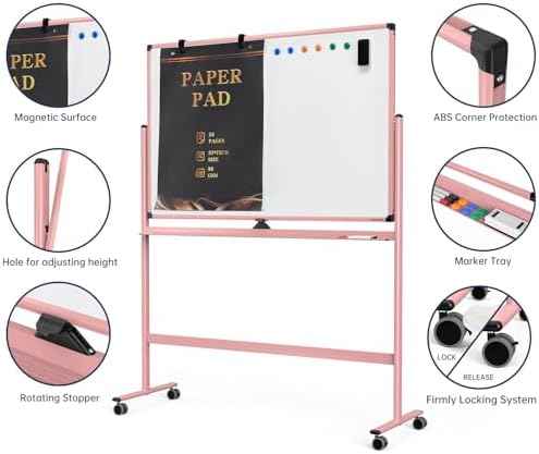 Large Dry-Erase Rolling Magnetic Whiteboard - 48 x 32 Inches Dry Erase Board with Stand Height Adjust Double Sides Mobile White Board Easel on Wheels with 25 Sheets Paper Pad Office, Home & Classroom