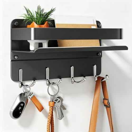 Modern Key Holder Wall Mount with Shelf, Metal Mail Holder with 8 Key Hooks