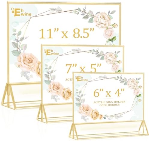 EHWINE 8 Pack Acrylic Sign Holder 8.5 x 11 Horizontal, Double-Sided Stand up Table Top Sign Holders, Gold Acrylic Picture Frame Menu Flyer Paper Holder Display Stand for Office Business Store Wedding Party
