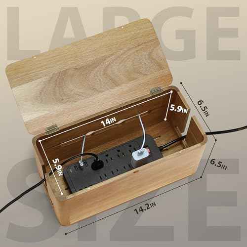 Large Acacia Wood Cable Management Box, Magnetic Lid, Cable Organizer