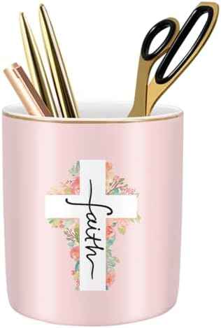 Ceramic Pen Holder for Desk Cute, Pencil Holder Cup, Makeup Brush Holder Pink, Multi-Functional Organizer for Office, Religious Style