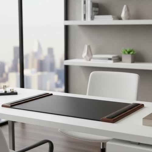 Walnut & Black Leather 34" x 20" Side-Rail Desk Pad