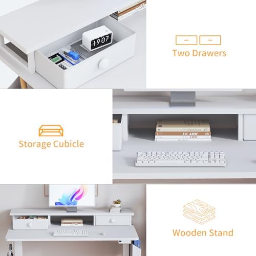 White Electric Standing Desk with Drawers - 40 Inch Small Standing Desk with Shelf Monitor Stand Storage Height Adjustable for Home Office, Study Writing Girls Computer Sit Stand Desks for Bedroom