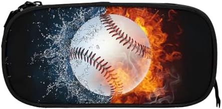 Kids Boys Pencil Box with Baseball & Water Fire Pattern Print, Sports-Themed Portable Pencil Case Storage Pouch with Zipper, Black Travel Stationery Bag Desk Organizer for School Office Supplies