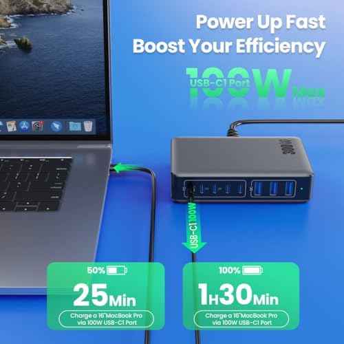 USB C Charger 300W USB C Charger Block,Upgraded GaN IV 8-Port Fast Charging Station Hub,PD 100W Laptop Charging Adapter Compatible with MacBook Pro/Air,DELL,Steam Deck,iPhone 16/15/14,Galaxy S23/22