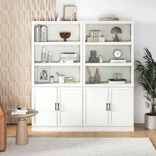 70" Tall White Bookcase with Doors, Bookshelf with Storage for Living Room