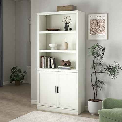 70" Tall White Bookcase with Doors, Bookshelf with Storage for Living Room