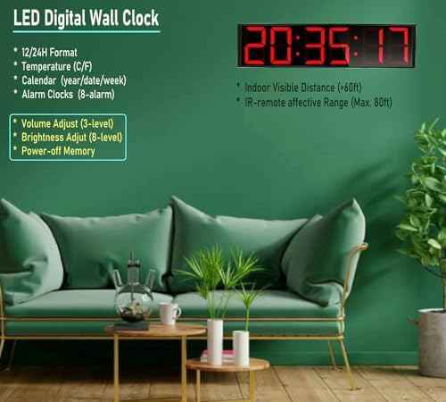 26'' Huge Digital Wall Clock, Home Gym Interval Workout Timers, with Countdown, Stopwatch, 7-Color Light, 8-Alarms, Calendar/Temperature Display, for HIIT/Tabata/FGB/EMOM (Red)