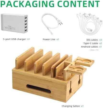 Bamboo Charging Station for Multiple Devices, Multi-Port USB Charger Organizer Stand for Phone, Earphone, Smart Watch, Desktop Cord Storage Holder for Home Office