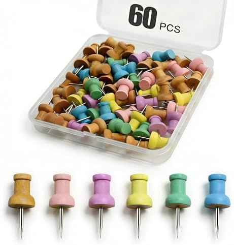 Colorful Wood Push Pins, Decorative Wooden Thumb Tacks for Cork Board and Bulletin Board, Map Pins for Wall, 60 Pieces