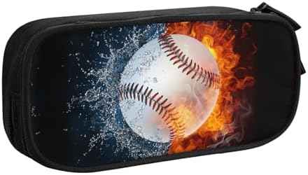 Kids Boys Pencil Box with Baseball & Water Fire Pattern Print, Sports-Themed Portable Pencil Case Storage Pouch with Zipper, Black Travel Stationery Bag Desk Organizer for School Office Supplies