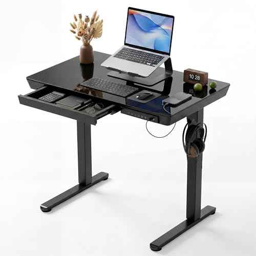 INNOVAR 32" Small Glass Standing Desk with Drawers & USB Ports, Whole-Piece Glass Top Adjustable Height Desks, Quick-Install Electric Sit-Stand Up Desk for Home Office & Computer Workstation, Black