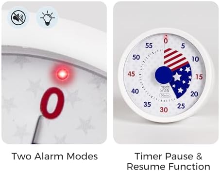 TWENTY5 SEVEN Countdown Timer 3 inch, Silent 60 Minute 1 Hour Visual Timer with Pause, Magnetic Classroom Teaching Tool Office Meeting, Countdown Clock for Kids Time Management, Red White and Blue