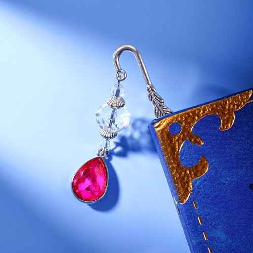 Vintage Bookmark Metal Feather Bookmarks with Drop Natural Rose Red Crystal Pendant Chain,Book Mark for Reading Women,Men,Book Lovers,Girls and Teachers(October)