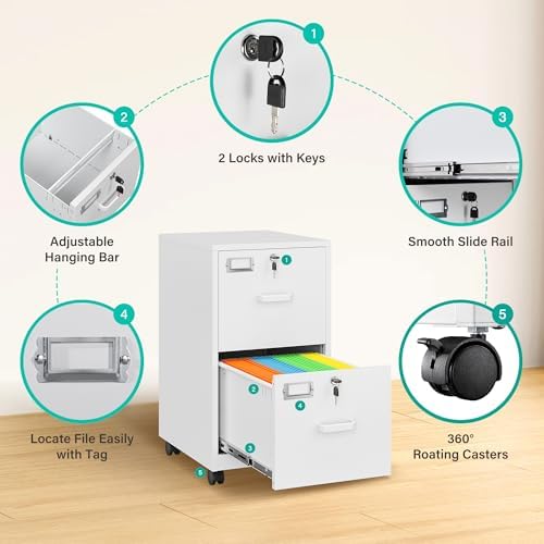 SISESOL 2 Drawer File Cabinet with Lock and Wheels,White Rolling File Cabinets,Locking Mobile Metal Filing Cabinet for Home Office,Under Desk,Fit A4/Letter/Legal File, Easy Assembly