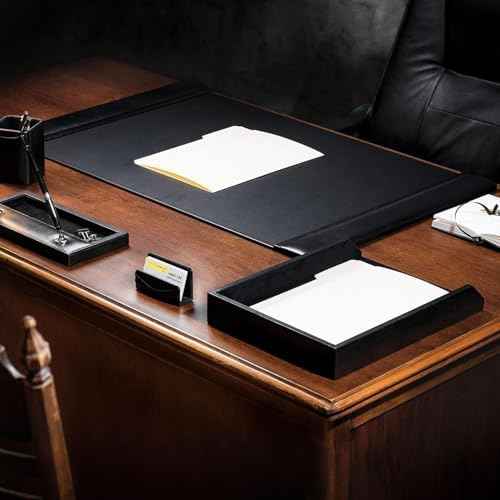 Classic Leather Desk Pad with Side Rails - Luxury Leather Desk Blotter for Writing - Padded Executive Desk Surface Protector - (Black, 34” x 20”) - Dacasso