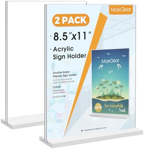 MaxGear Acrylic Sign Holder 8.5" x 11" Double Sided Display Stand, 2 Pack
