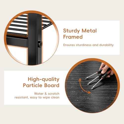 Industrial 3 Tier Printer Stand, Home Printer Wood Table with Wire Storage Shelf for Scanner Fax Machine, Heavy Duty Metal, Black with Burly Wood Board