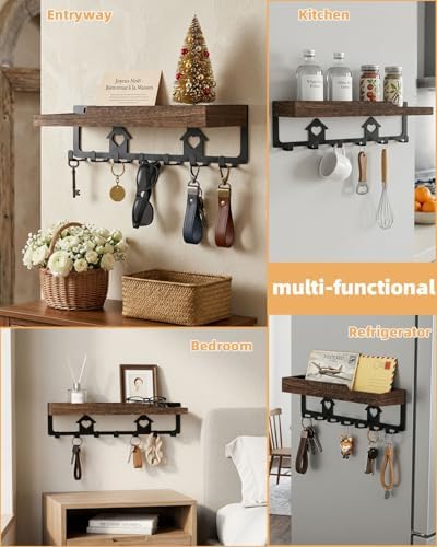 lucdnc Key Holder for Wall Mounted with Tray, 7 Hooks & Wood Shelf