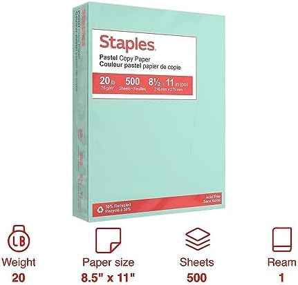 Staples Pastel Color Copy Paper, 8.5x11 Inch, Turquoise, 20 lb.
