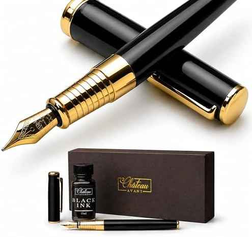 Château Avant Fountain Pen Set | Refillable Black Fountain Pen with Black Ink Bottle, Fine Nib, and Converter | Smooth Writing Gift Set for Beginners, Men, and Women