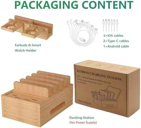 Bamboo Charging Station for Multiple Devices, Desktop Organizer Docking Station, Natural Bamboo Desk Storage Stand for Phone, Tablet, Earbuds, Smart Watch (Power Adapter Not Included)