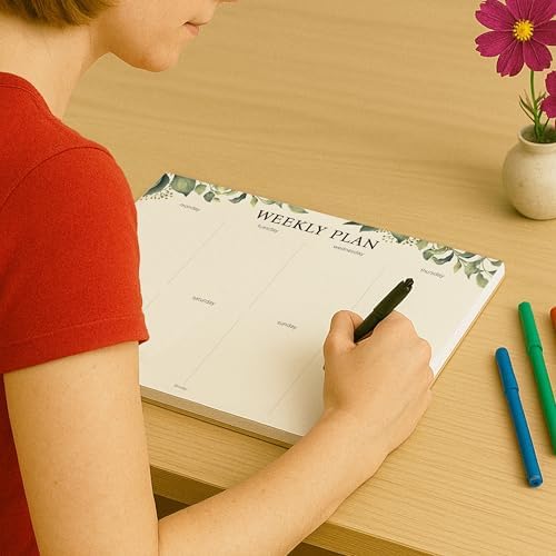 Weekly Planner Notepad, Undated Tear Off Weekly To Do List Notepad, 11.5" x 8", Eucalyptus Design on Cream Base, Premium Thick Paper and Cardboard Back Support, Desk Planner for Work, Office and Home.