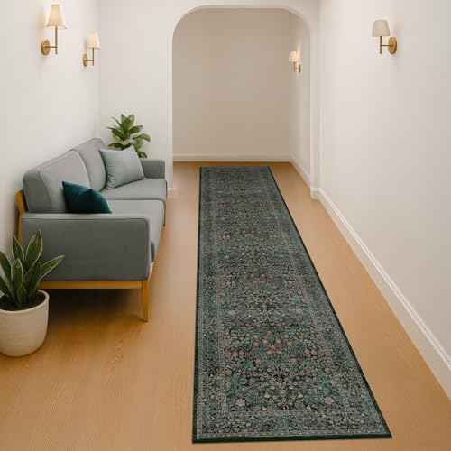 Vintage Washable 2x10 Runner Rug Non Slip for Hallway, Kitchen, Entryway, 10ft Stain Resistant Extra Long Soft Rug Runners, Dark Green Floral Unique Botanical Floor Mat