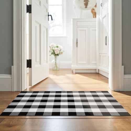 Buffalo Plaid Area Rug, Checkered Rug 3x5 Ft, Black and White Rug, Washable Cotton Mat for Front Porch, Entryway, Kitchen, Living Room, Home Decor