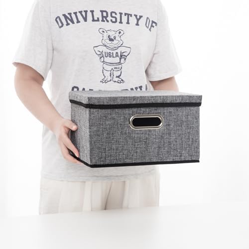 PRANDOM Storage Bins with Lids [3-Pack] Linen Fabric Foldable Storage