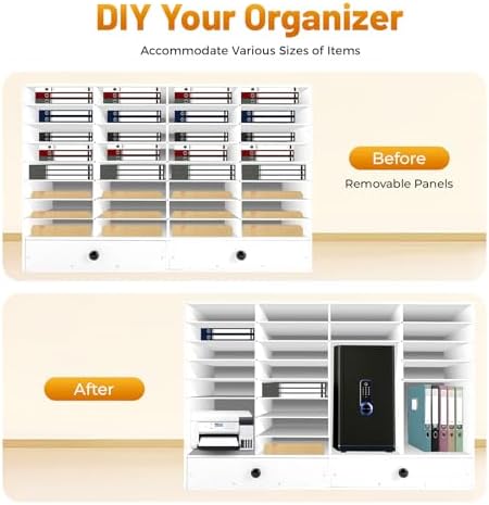 Literature Organizers, 32 Compartments Office Mailbox with Adjustable Shelves and 2 Drawers, Wood Literature Sorter 39.4*12*25.2in inches for Office, Classroom, Mailrooms Organization (White)