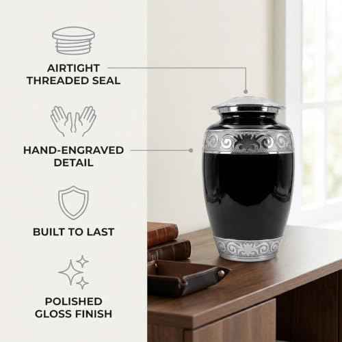 Urns for Human Ashes Adult Male and Female | Handcrafted Large 200 Cubic Inches Cremation Urn with Silver Engraving | Secure Threaded Lid | Black Memorial Urn for Burial Ashes