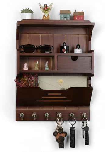 Key Holder for Wall, Elegant Wall-Mounted Mail Organizer with Storage Drawers, Walnut