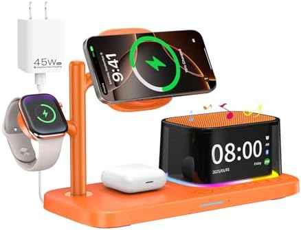 7-in-1 Wireless Charging Station for Multiple Apple Devices Bluetooth Speaker Alarm Clock Night Light, Qi2.2 Charger Stand for iPhone 17/16/15 Pro Max Apple Watch Airpods 45W Adapter Included (Orange)