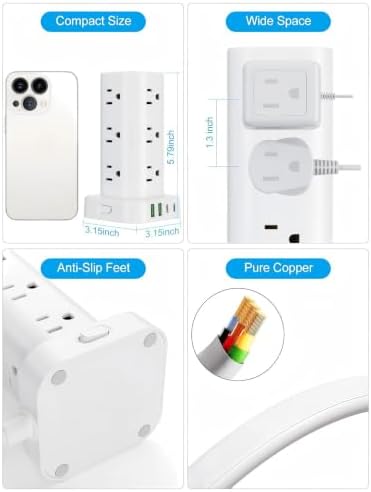 Power Strip Tower with Multiple Outlets, Flat Plug Surge Protector Tower Extension Cord with 12 AC Outlets 4 USB Ports (2 USB C), 6FT Cord Power Tower Surge Protector for Home Office Dorm Room, White