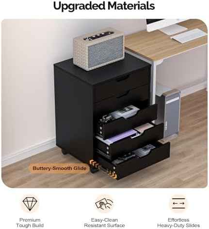 VINGLI 5 Drawers Mobile File Cabinet with Wheels, Under Desk Storage Organization, Vertical Filing Chest Rolling Wood Small Desk Printer Stand for Home Office, 19" W × 15.8" D × 25.6" H, Black