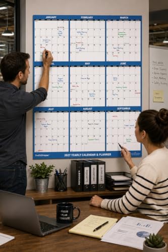 24" x 36" SwiftGlimpse 2027 Wall Calendar Erasable Large Wet & Dry Erase Laminated 12 Month Annual Yearly Wall Planner, Reversible, Horizontal/Vertical, Dark Blue