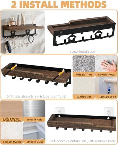 lucdnc Key Holder for Wall Mounted with Tray, 7 Hooks & Wood Shelf