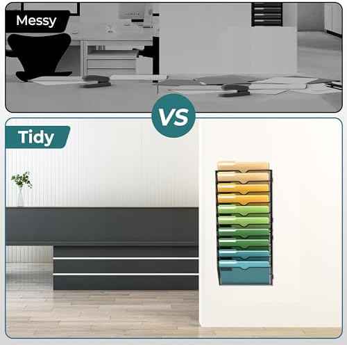 SUPEASY 10 Tier Wall File Organizer, Hanging Wall Mounted Mail Organizer with Label Slots, Metal Mesh File Holder Magazine Rack for Office, Home, School or Classroom, Black