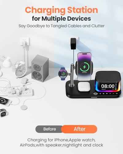 7-in-1 Wireless Charging Station for Multiple Apple Devices Bluetooth Speaker Alarm Clock Night Light, Qi2.2 Charger Stand for iPhone 17/16/15 Pro Max Apple Watch Airpods 45W Adapter Included (Orange)