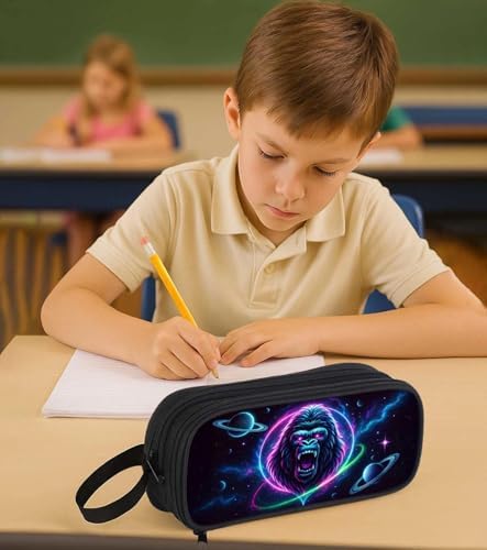 Gorilla Pencil Case for Boys Kids, Galaxy Animal Pencil Pouch, Large Capacity Zippered School Box with Compartments, Stationery Organizer Bag for Students, Back to School Supplies