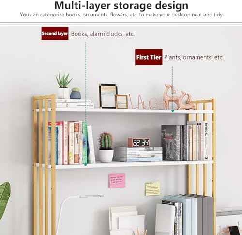 Metal Desk Hutch Dorm,2-Tier Desktop Bookshelf,Computer Desktop Organizer,Adjustable Display Rack for Home Office Dorm Countertop Storage Organizer (75cm/29.5", Gold)