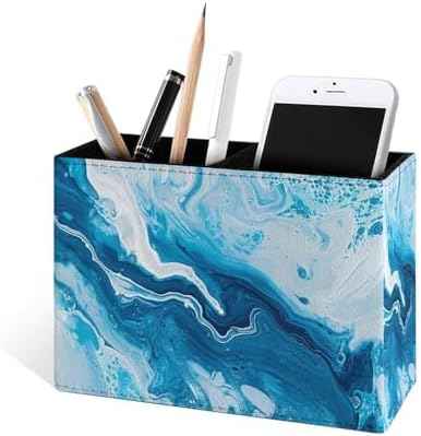 Famame Abstract Blue Marble Pencil Holder for Desk, Leather Desktop